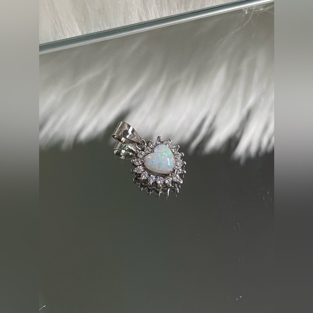 925 Sterling Silver Heart-Shaped Opal and CZ Starburst Frame Pendant
